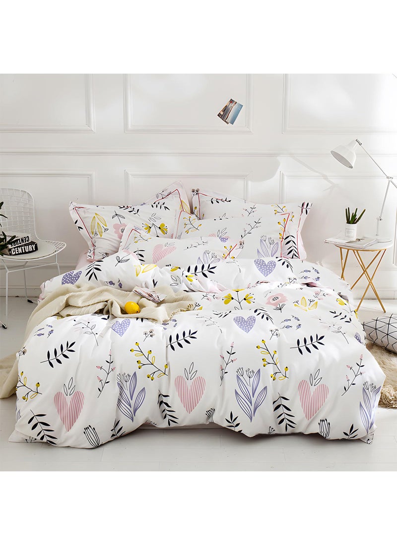 EAVD EAVD Garden Style Floral Comforter Set King White Microfiber Chic Pink Yellow Floral Loves Pattern Bedding Set 1 King Comforter with 2 Pillowcases Fresh Reversible Botanical Comforter Set  - Image 1