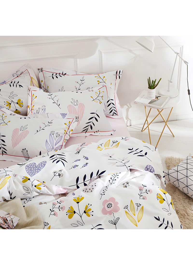 EAVD EAVD Garden Style Floral Comforter Set King White Microfiber Chic Pink Yellow Floral Loves Pattern Bedding Set 1 King Comforter with 2 Pillowcases Fresh Reversible Botanical Comforter Set  - Image 5