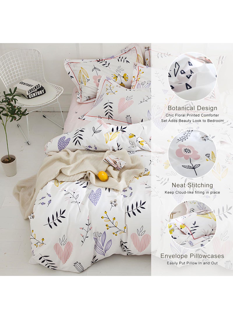 EAVD EAVD Garden Style Floral Comforter Set King White Microfiber Chic Pink Yellow Floral Loves Pattern Bedding Set 1 King Comforter with 2 Pillowcases Fresh Reversible Botanical Comforter Set  - Image 4