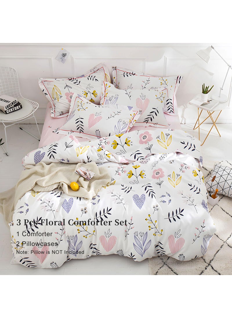 EAVD EAVD Garden Style Floral Comforter Set King White Microfiber Chic Pink Yellow Floral Loves Pattern Bedding Set 1 King Comforter with 2 Pillowcases Fresh Reversible Botanical Comforter Set  - Image 3