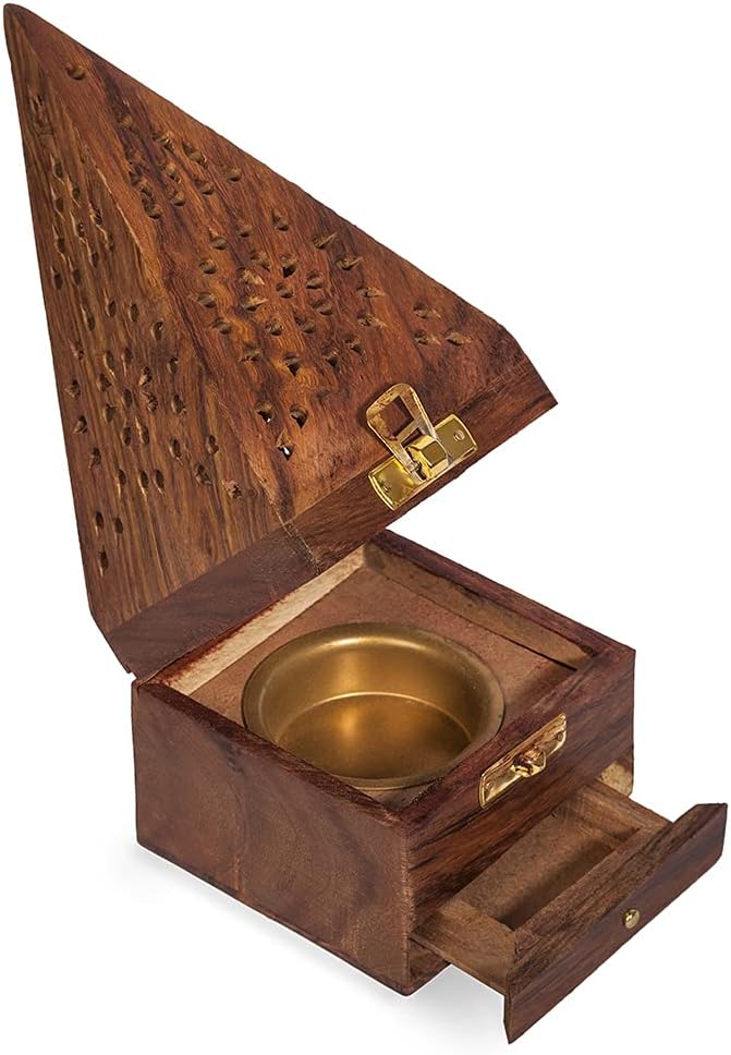 's Wooden Bakhoor Burner/Mabkhara/pyramid shape incense burner/home fragramce/home decor/incense holder/lobandaan/bhakhoor burner (brown, 9 x 9 x 20 cm)