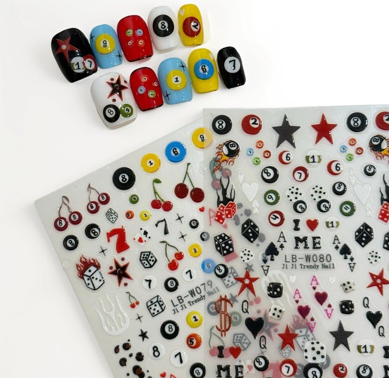 SIMAYKUWA 3D Nail Stickers for Pool & Dice Design - Cartoon Style Press-on Nail Art Decals (2 Sheets) - Cute Textured Manicure DIY Accessories - Image 1