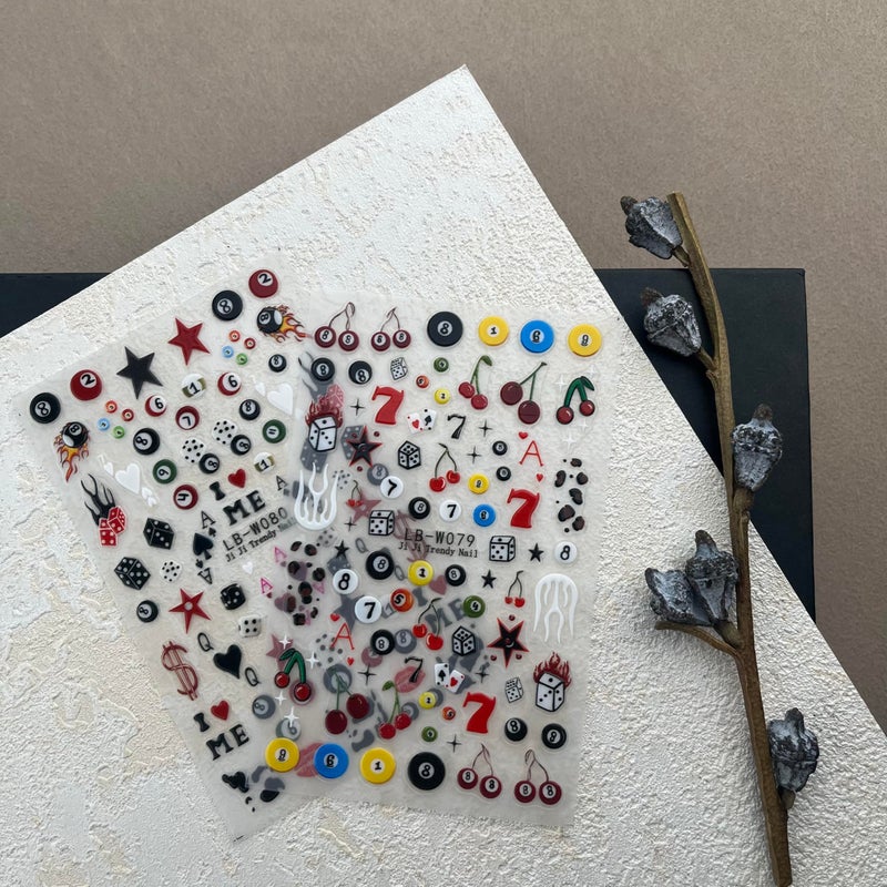SIMAYKUWA 3D Nail Stickers for Pool & Dice Design - Cartoon Style Press-on Nail Art Decals (2 Sheets) - Cute Textured Manicure DIY Accessories - Image 2