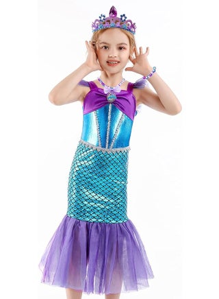 Mermaid Dress Girls Party Cosplay Girl Clothing Birthday Princess Dress Kids Costume With Princess Jewelry Crown Set - view 2