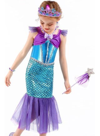 Mermaid Dress Girls Party Cosplay Girl Clothing Birthday Princess Dress Kids Costume With Princess Jewelry Crown Set - view 3