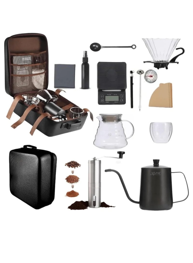 The 15-in-1 professional coffee brewing set includes a manual grinder, glass carafe, stainless steel kettle, scale, thermometer, filters, and a complete set for coffee lovers. - Image 1