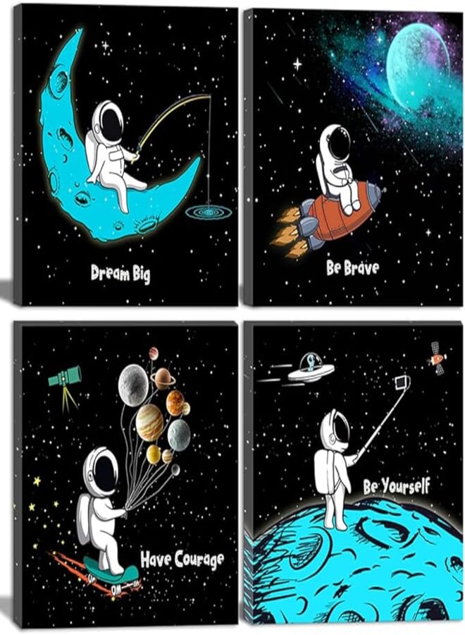 Deergar Space Wall Art for Boys Girls Kids Bedroom Living Room Nursery Room Décor Black and White Inspirational Astronaut Canvas Art Funny Cartoon Space Poster Blue Modern Framed Wall Art 4 Piece