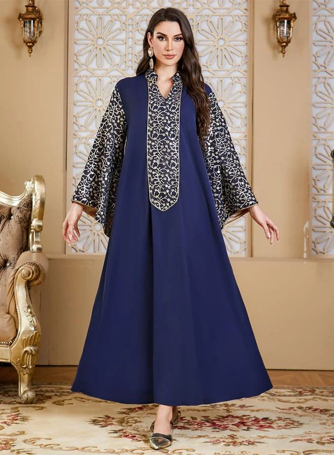 تايك تو Navy Blue With Gold Embroidery Bell Sleeves Maxi Jalabiya