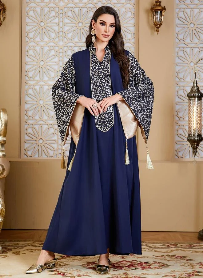تايك تو Navy Blue With Gold Embroidery Bell Sleeves Maxi Jalabiya