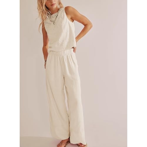 SeeLuNa Linen Pants for Women Cotton Baggy Boho Casual Palazzo Pants Wide Leg Long Lounge Trousers with Pockets(Apricot,S) - Image 5
