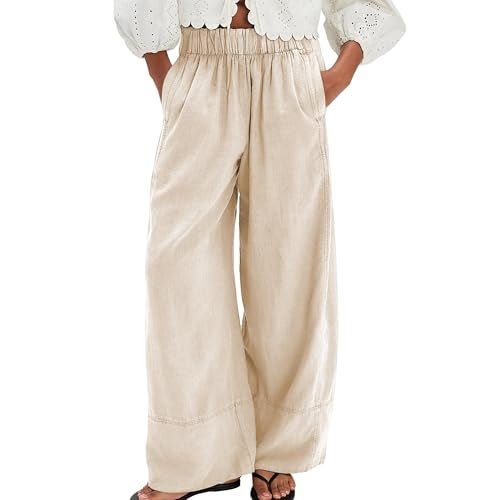 SeeLuNa Linen Pants for Women Cotton Baggy Boho Casual Palazzo Pants Wide Leg Long Lounge Trousers with Pockets(Apricot,S) - Image 1