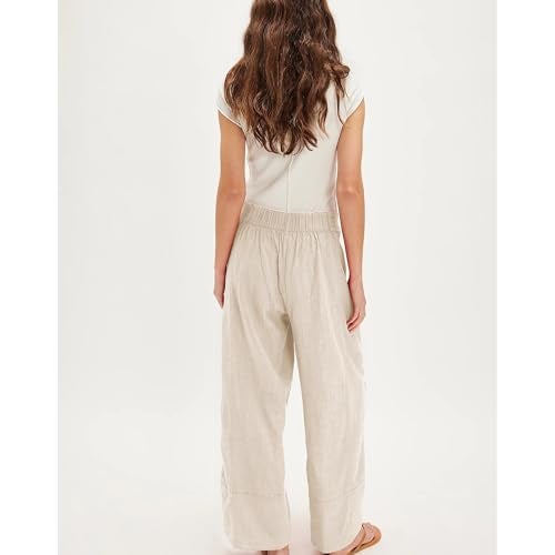 SeeLuNa Linen Pants for Women Cotton Baggy Boho Casual Palazzo Pants Wide Leg Long Lounge Trousers with Pockets(Apricot,S) - Image 2