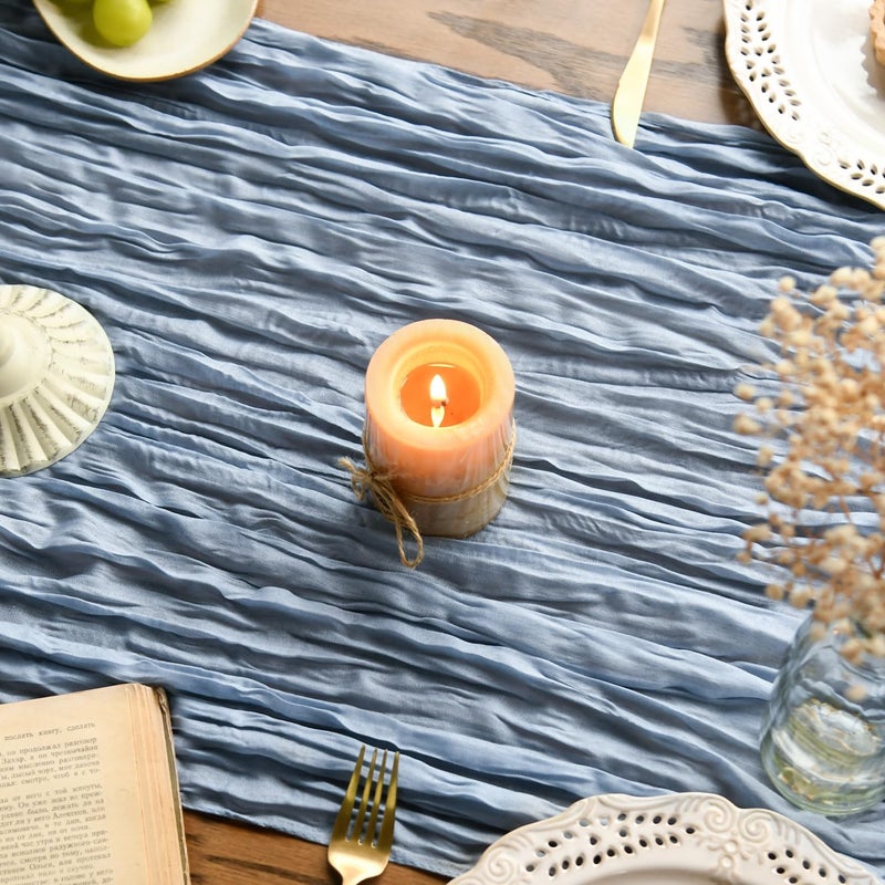 Artoid Mode Boho Dusty Blue Gauze Wedding Cheesecloth Table Runner, 35x120 Inch Seasonal Fabric Kitchen Dining Holiday Table Decor for Home Party - Image 3