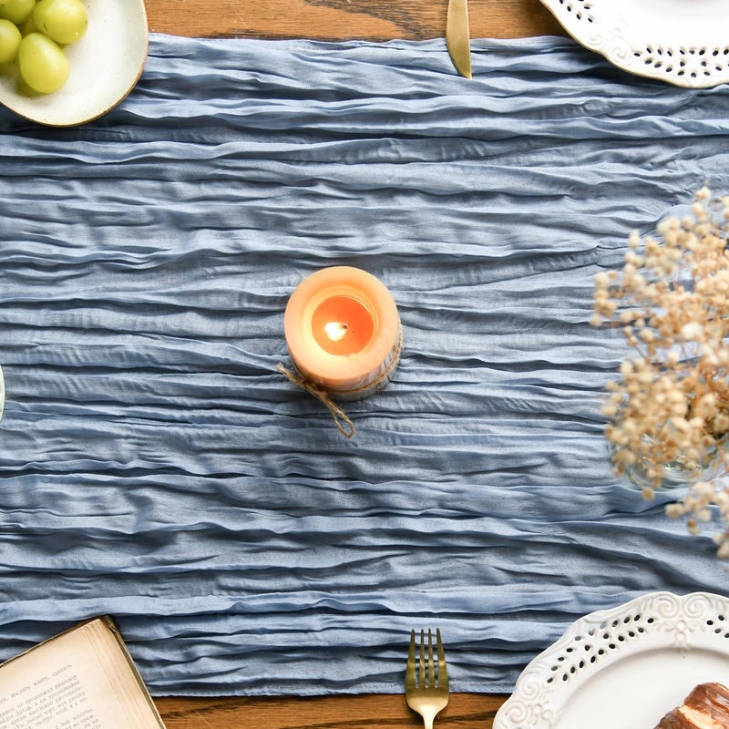 Artoid Mode Boho Dusty Blue Gauze Wedding Cheesecloth Table Runner, 35x120 Inch Seasonal Fabric Kitchen Dining Holiday Table Decor for Home Party - Image 4
