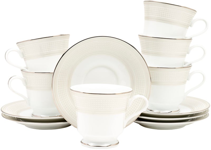 DANKOTUWA, world-class tableware Dankotuwa Porcelain Platinum Luxury Cup and Saucer Set for Tea Coffee | Vegan | Scratch Resistant | Hard Chip Resistant | 200 ml | 12 Pieces (Set of 6) Menuna Platinum - Image 1