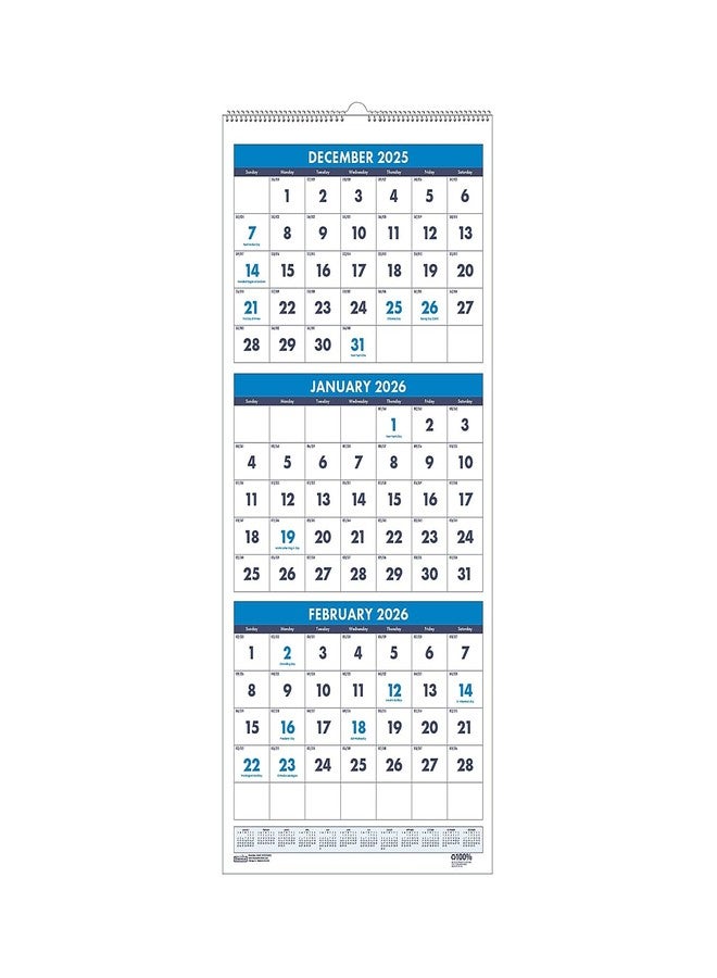 House of Doolittle 2026 Three-Month Wall Calendar 8" x 17", Blue (3646-26) - Image 1