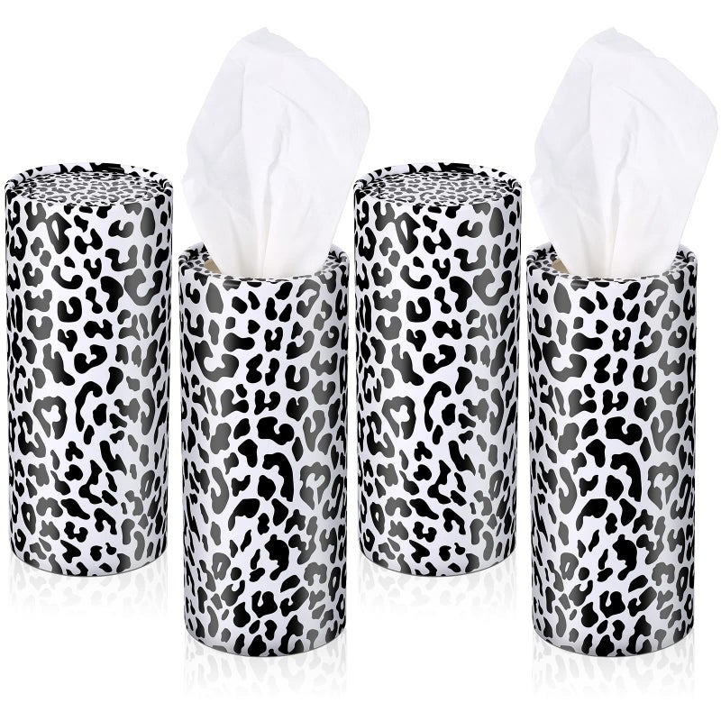 Yoande Yoande 4 Pack Car Tissues Round Leopard Print Tube Tissues Box with Facial Tissue Bulk Black and White Leopard Car Tissue Travel Cylinder Holder for Cup Holder Wedding Gifts Home Bathroom Office