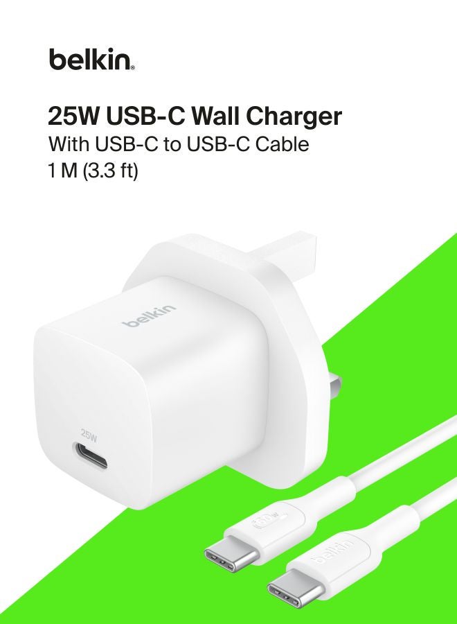 belkin USB-C Plug 25W with 60W USB-C Cable (3.3ft, 1M) - Phone Charger PD 3.0 Fast Charging with PPS for Apple iPhone 16 Serie, iPad Pro, Samsung Galaxy S25, Nintendo Switch, & More - White White - Image 1