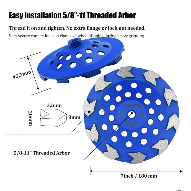 ACTINTOOL 7 in.x 5/8-11 in. Abor Threaded 10 Arrow Segments Grinding Cup Wheel (5/8"-11 Threaded) - Image 4