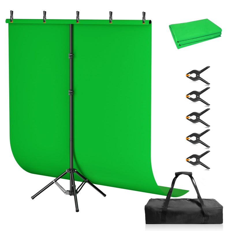 Qoolfoto Green Screen Backdrop Kit, 5Ã—7ft Portable Greenscreen Background with Adjustable T-Shaped Stand, 5 Clamps, Carrying Bag for Parties, Streaming, Photography, Zoom, Gaming, Video Studio - Image 1
