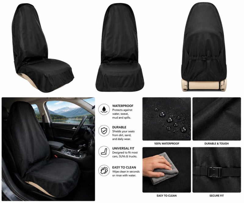 Dunekart Waterproof Sweating Car Seat Covers for Front Seats, Universal Fit Non Slip Bucket SEAT Protector Posts ,Gym Workout Beach, Swimming, Hiking, Compatible with SUVs, Cars, Trucks, Machine Washable (Black)1 Piece - Image 2