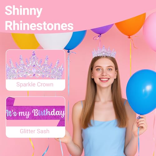 Papoopy Birthday Tiara and Crown with Sash, Birthday Tiara for Women Party (Purple) - Image 5