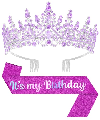 Papoopy Birthday Tiara and Crown with Sash, Birthday Tiara for Women Party (Purple) - Image 1