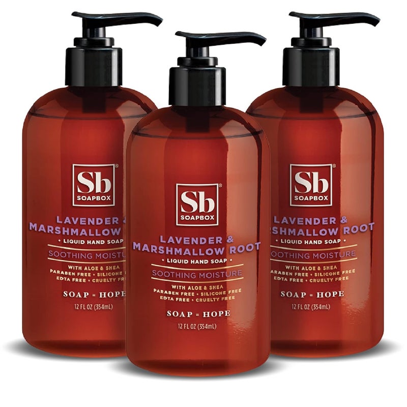 Soapbox Liquid Hand Soap Lavender  Marshmallow Root  Gentle Moisturizing Hand Cleanser Vegan  Cruelty Free Hand Wash for Kitchen and Bathroom 12oz Pump Bottles Pack of 3