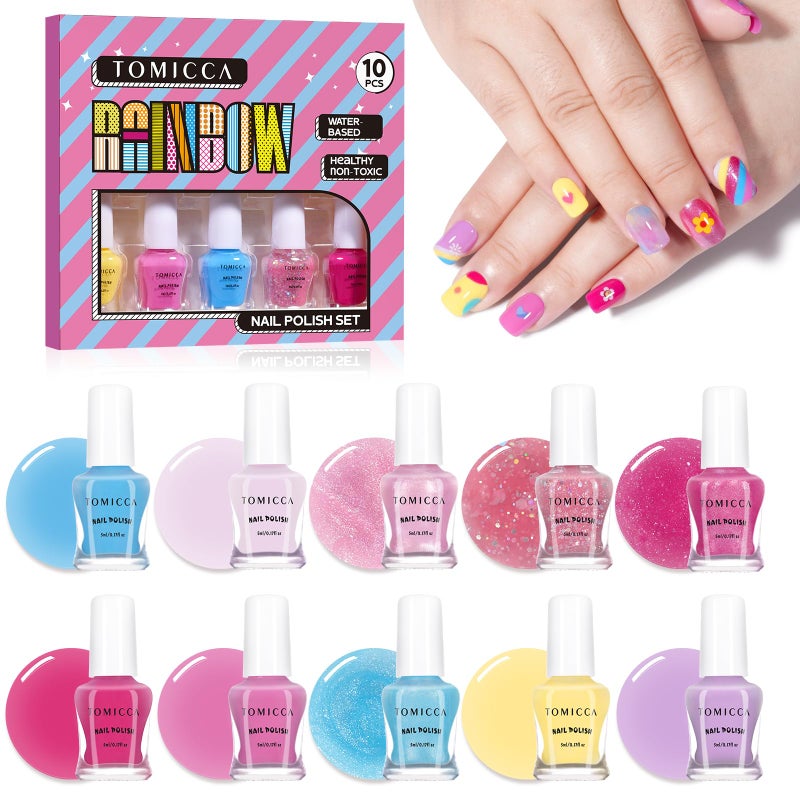 TOMICCA Kids Nail Polish - 10 Color Quick Dry Peel Off Water Based Rainbow Nail Polish, Safe Non Toxic for Toddler to Teen - Image 1