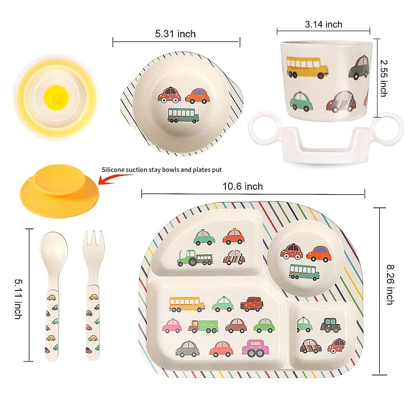 shopwithgreen 7Pcs/Set Bamboo Kids Dinnerware Set - Children Dishes - Food Plate Bowl Cup Spoon Fork Set Dishware, Cartoon Tableware, Dishwasher Safe Kids Healthy Mealtime, BPA Free - Image 2