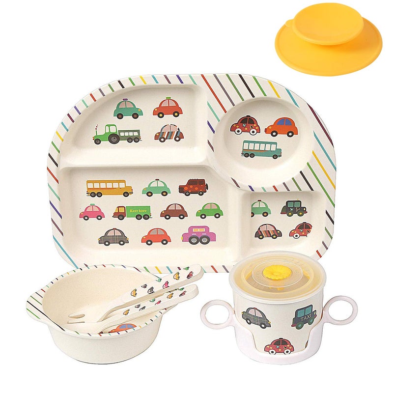 shopwithgreen 7Pcs/Set Bamboo Kids Dinnerware Set - Children Dishes - Food Plate Bowl Cup Spoon Fork Set Dishware, Cartoon Tableware, Dishwasher Safe Kids Healthy Mealtime, BPA Free - Image 1