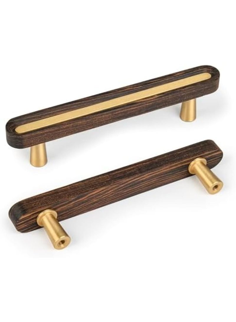 SYOSI Solid Brass and Wooden Kitchen Cabinet Pulls, 2 Pack 3-3/4 Inch Brass Dresser Drawer Handles, Modern Furniture Hardware Pulls for Bathroom Bedroom Living Cabinets - Image 1