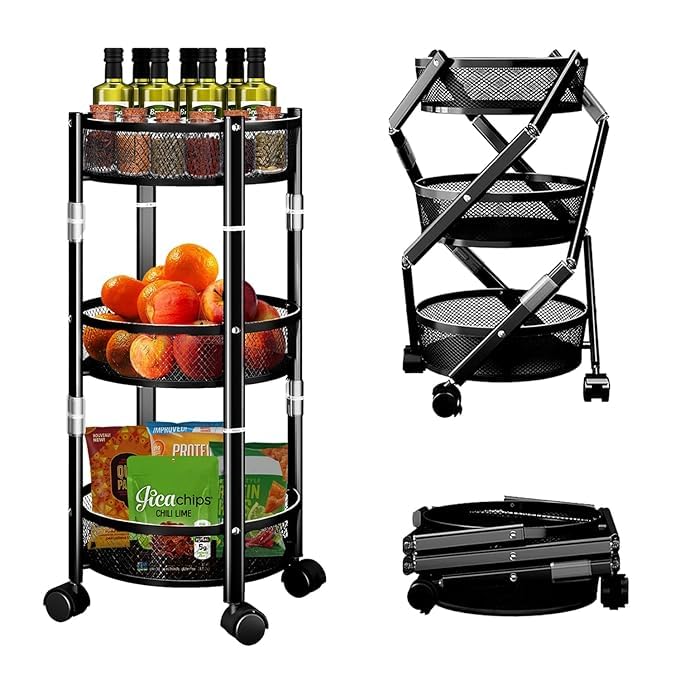 Whixant 3Tier Foldable Storage Cart Rolling Fruit Vegetable Basket Stand with 3 Metal Mesh Baskets Kitchen Rolling Storage Basket on Wheels for Pantry Dining Room Living Room