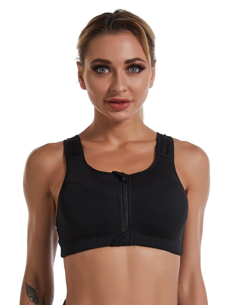 PLUMBURY Padded Front Zip Medium Impact Racerback Adjustable Strap Sports Bra for Women, Size M to 3XL Black - Image 1