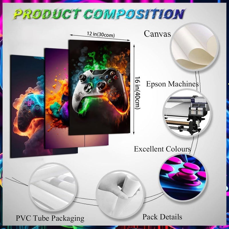EMODA Home trove Gaming Room Decor - Wall Art Set of 3, Video Gaming Theme, Unframed 12x16in Canvas Posters for Teen Boys Room - Image 3