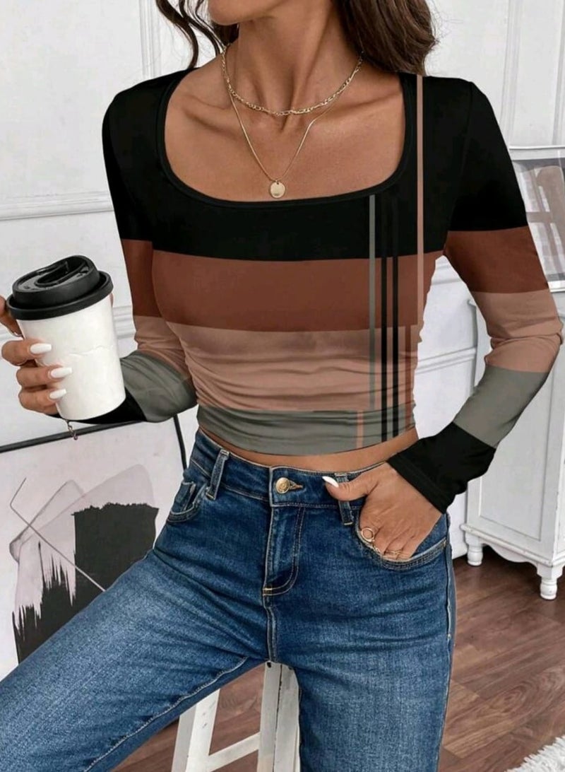 EMERY ROSE Women Casual Striped Pattern Square Neck Long Sleeve T-Shirt, Suitable For Autumn/Winter Undershirt - Image 1