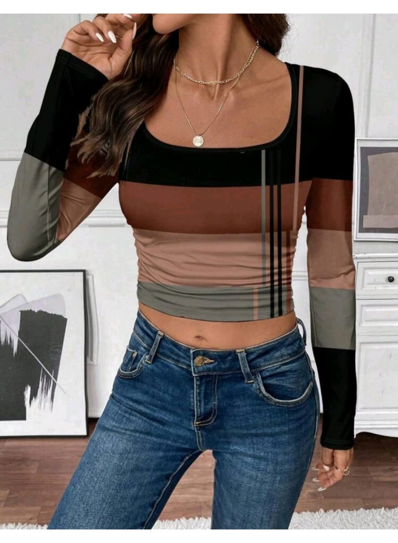 EMERY ROSE Women Casual Striped Pattern Square Neck Long Sleeve T-Shirt, Suitable For Autumn/Winter Undershirt - Image 5