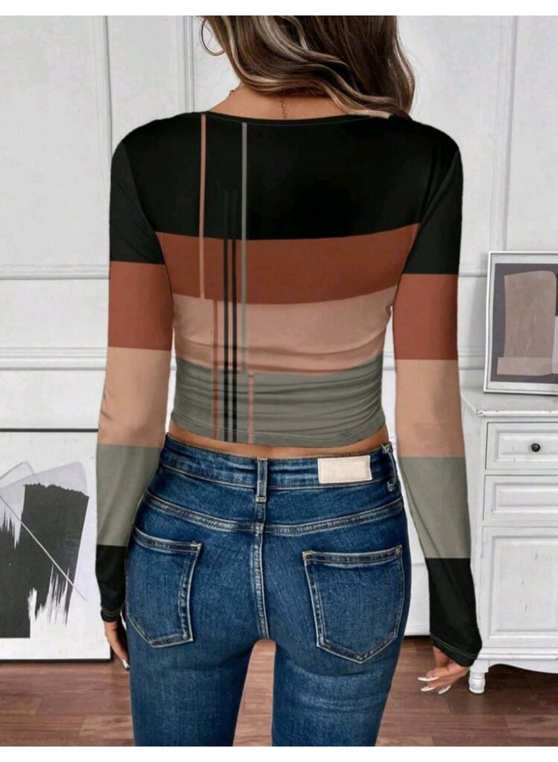 EMERY ROSE Women Casual Striped Pattern Square Neck Long Sleeve T-Shirt, Suitable For Autumn/Winter Undershirt - Image 3