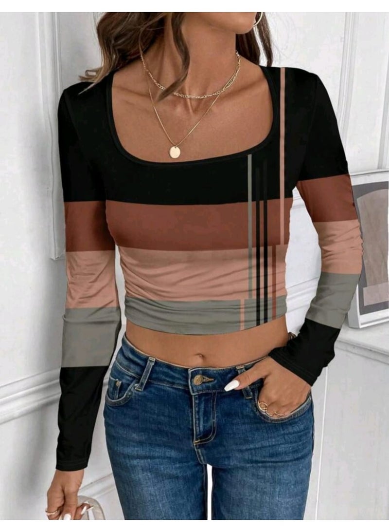 EMERY ROSE Women Casual Striped Pattern Square Neck Long Sleeve T-Shirt, Suitable For Autumn/Winter Undershirt - Image 4
