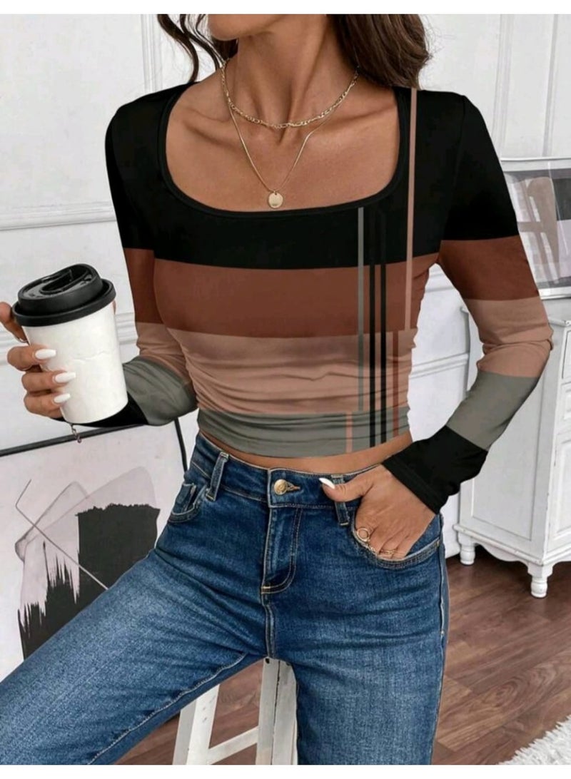 EMERY ROSE Women Casual Striped Pattern Square Neck Long Sleeve T-Shirt, Suitable For Autumn/Winter Undershirt - Image 2