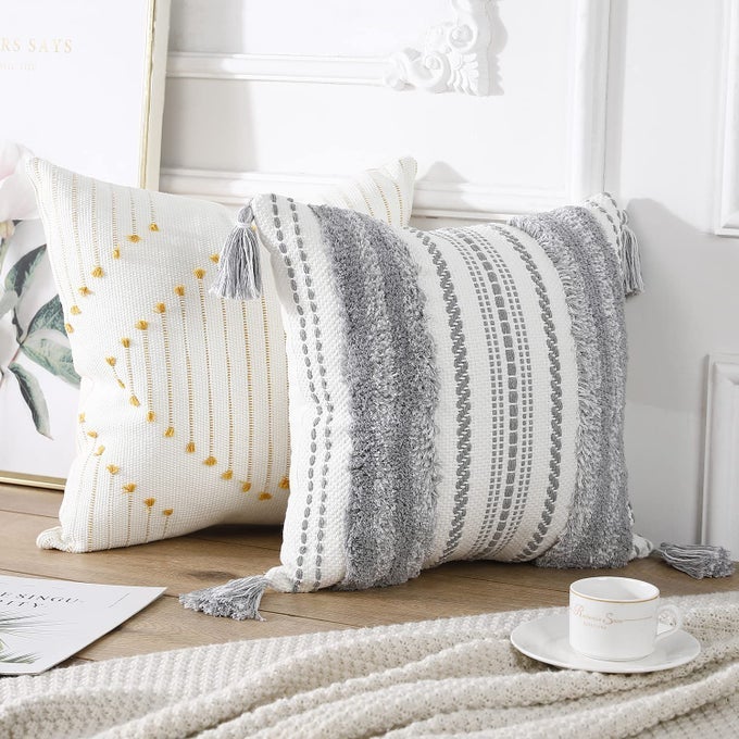 DECORATIVE BOHO THROW PILLOW COVERS 18X18 SET OF 2 MODERN ACCENT GREY AND YELLOW CUTE PILLOW COVERS PILLOWCASE CUSHION CASE FOR COUCH BED BEDROOM SOFA LIVINGROOM FARMHOUSE