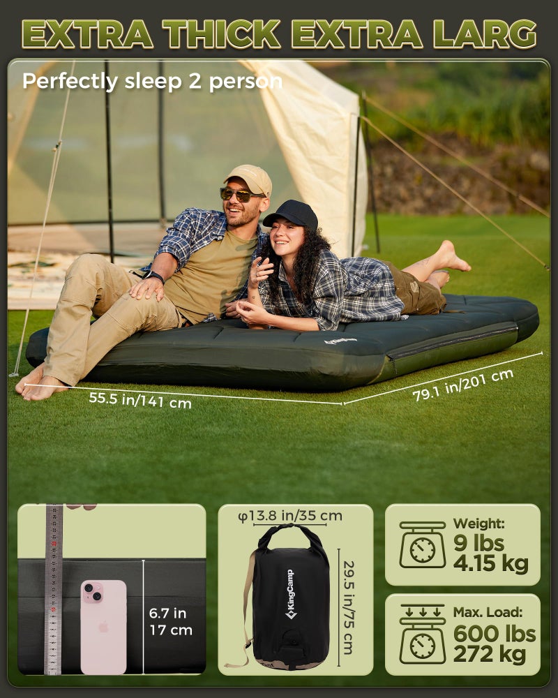 KingCamp Gorgeous Double 6.7" Camping Mattress with Washable Foam Cover, Extra-Thick Full Size Inflable Mattress with Pump Sack, Portable Double Mattress for Camp Outdoor Tent, Car & Guest - Image 2