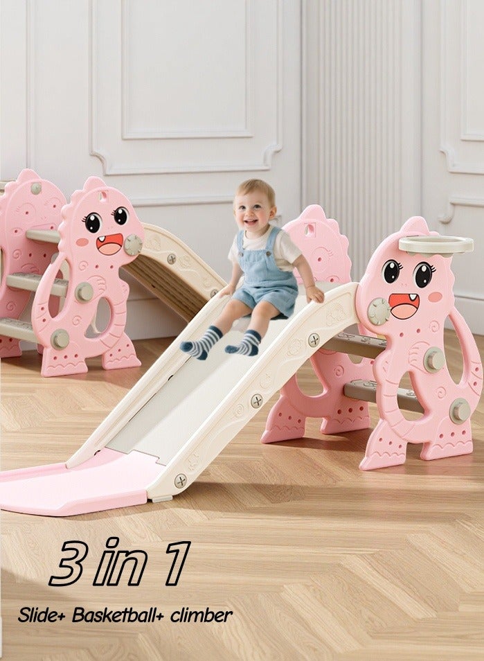 Bolivia's Toddler slide with basketball and basketball hoop, pink dinosaur appearance, easy to install, foldable, non-slip design, suitable for indoor and outdoor use - Image 1