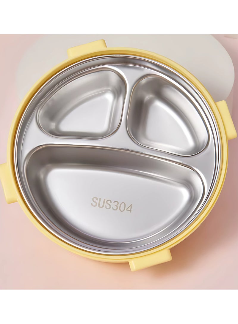 Twisoo Donut Stainless Steel Lunch Box Double Decker BPA Free Leakproof Clip Lock 3 Compartment with Spoon - for Kid, School Child Snack Box (Yellow) - Image 2