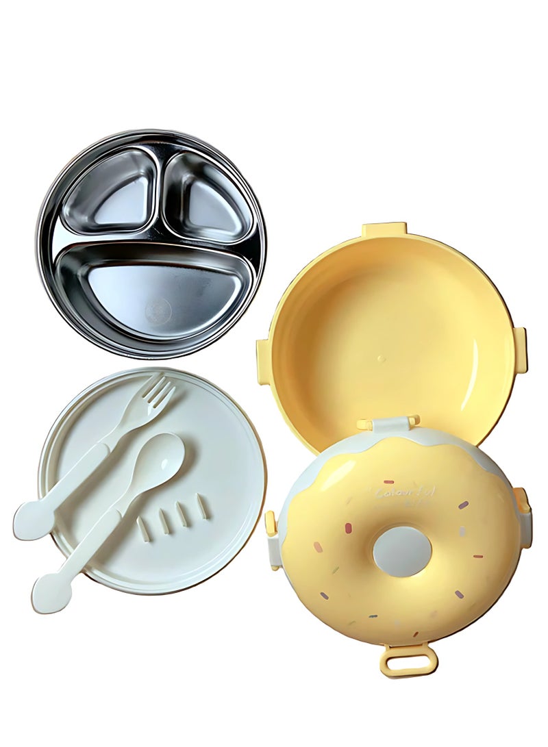 Twisoo Donut Stainless Steel Lunch Box Double Decker BPA Free Leakproof Clip Lock 3 Compartment with Spoon - for Kid, School Child Snack Box (Yellow) - Image 3