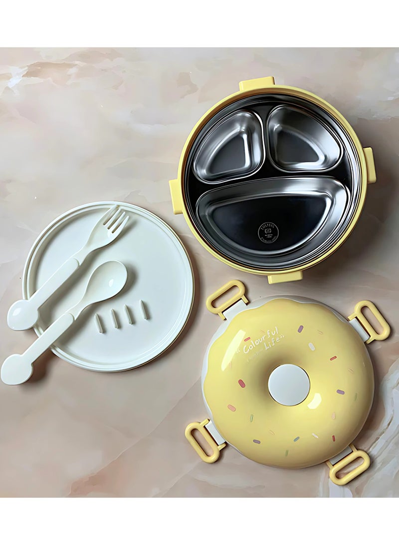 Twisoo Donut Stainless Steel Lunch Box Double Decker BPA Free Leakproof Clip Lock 3 Compartment with Spoon - for Kid, School Child Snack Box (Yellow) - Image 4