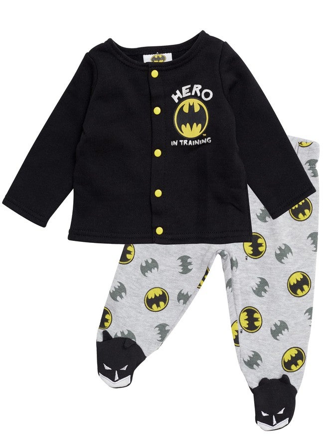 BATMAN Baby Boys Newborn Outfit with Snap Shirt and Baby Footed Pants Baby Clothes (Black/Grey/Yellow, 0-3M) - Image 1