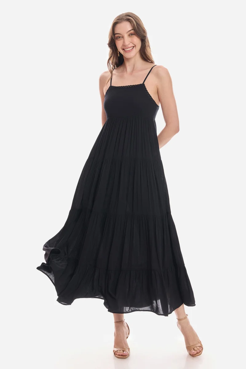 فيرجيو Solid Viscose Lace Detail Maxi Dress for Women