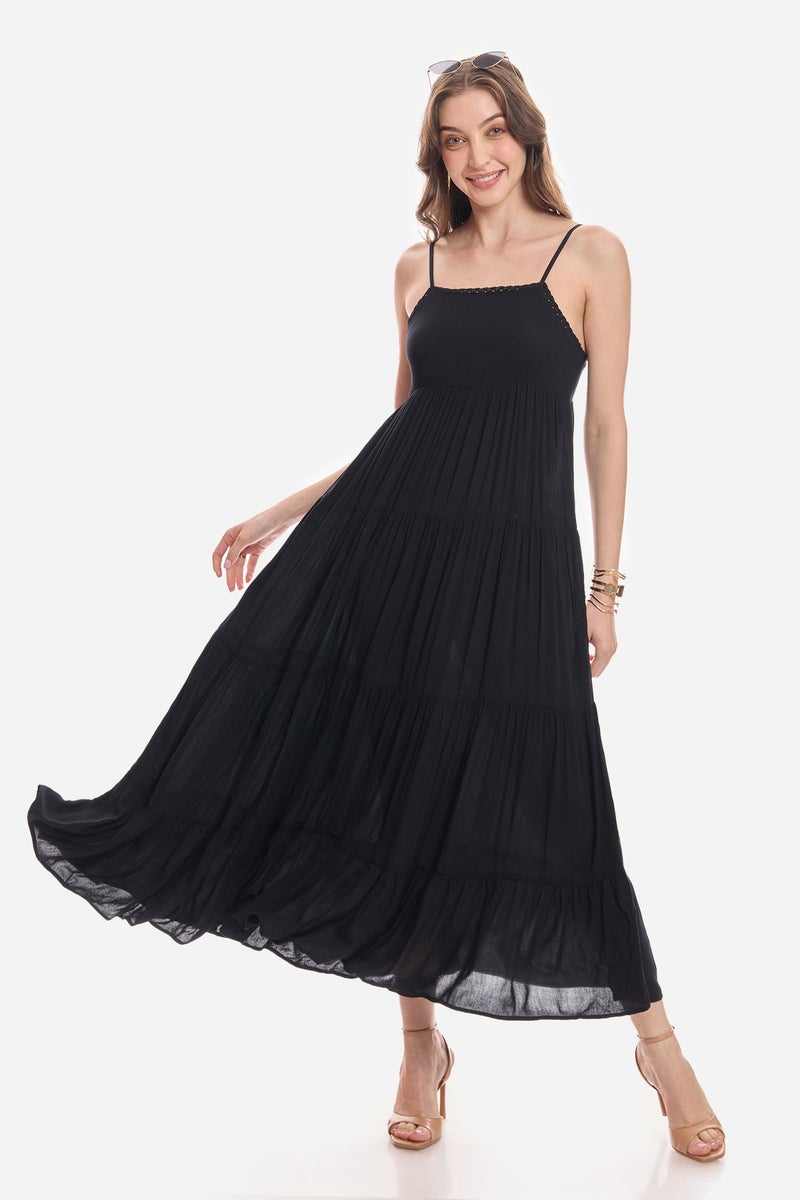 Virgio Solid Viscose Lace Detail Maxi Dress for Women - Image 1
