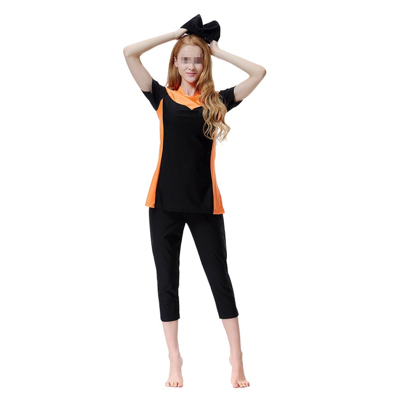 Muslim Women Swimsuit Set Traditional Modest Middle East Swimming Beachwear Swim Pants Kit for Women Ladies - Size L (Orange) - Image 1
